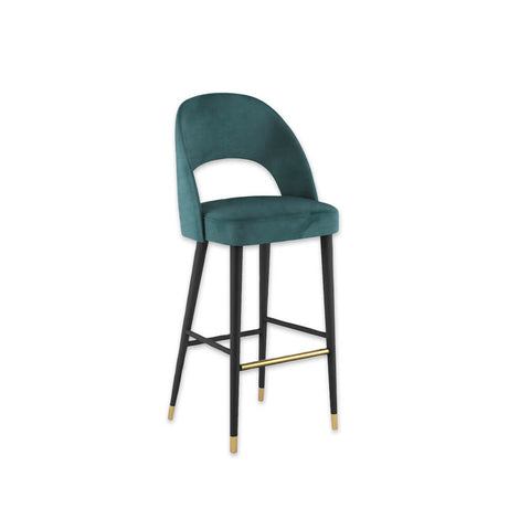 Forbes turquoise bar stool with large cut out to the backrest and conical wooden legs with metal feet