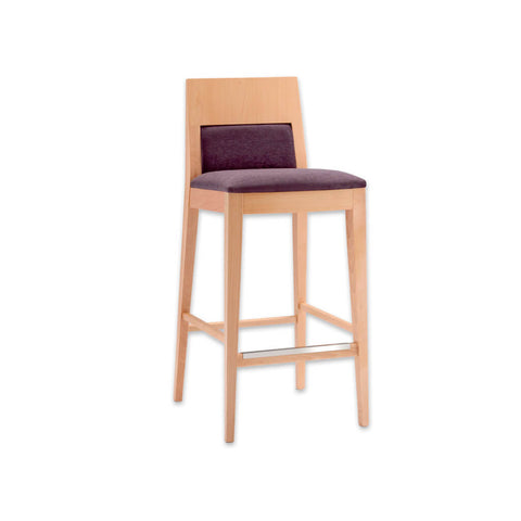 Fusion plum bar stool with light show wood backrest and wooden frame and metal reinforced kick plate 