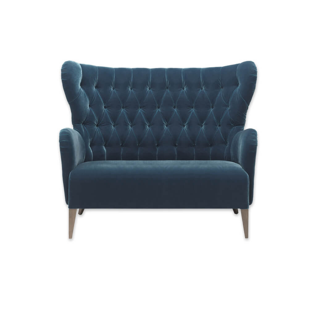 Heather winged high back velvet sofa in blue with decorative buttoning and tapered legs  - Designers Image
