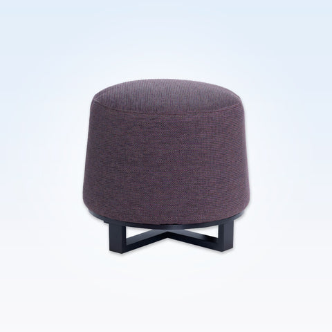 Immo purple round ottoman fully upholstered with wooden cross legs to the base 
