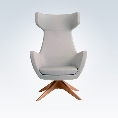 Iri taupe accent chair with high hammerhead back and a wooden cross base  