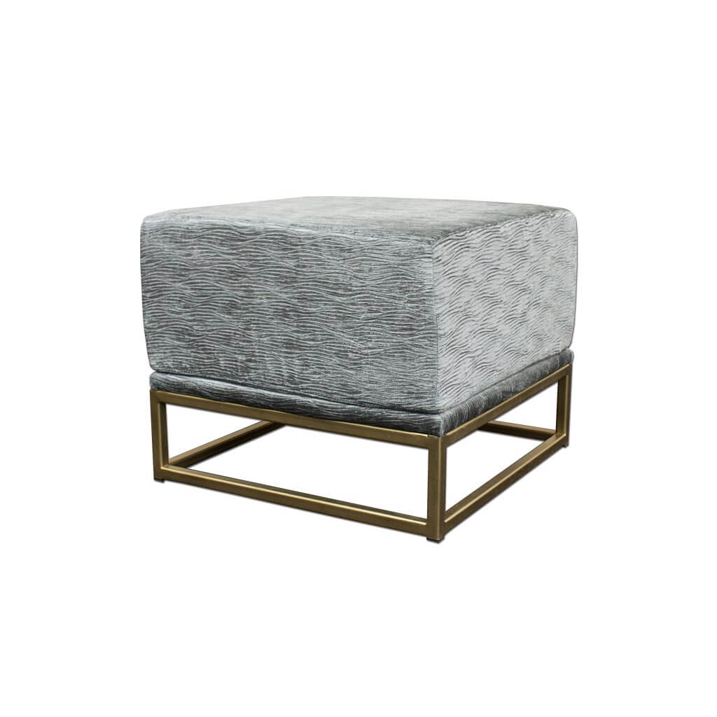 Kemi grey and gold ottoman fully upholstered cushioned top sitting on a gold open frame base  - Designers Image