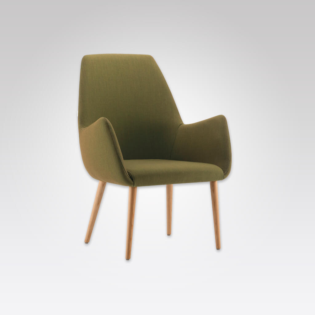 Kivi High Back Olive Green Lounge Chair with Splayed Arms and Light Conical Wooden Legs