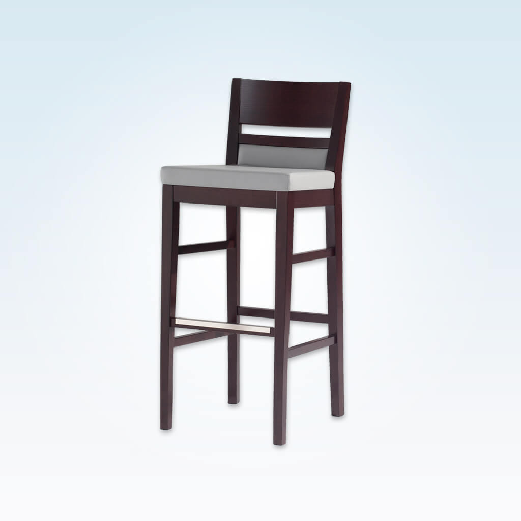 Leuven taupe leather bar stool with dark show wood back and wooden plinth and legs 