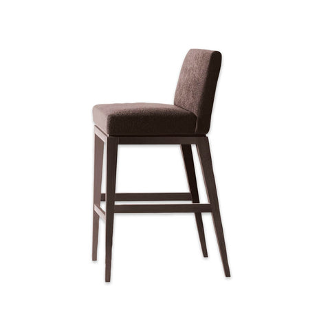 Libera brown bar stool with deep padded seat and timber frame with splayed legs to the rear
