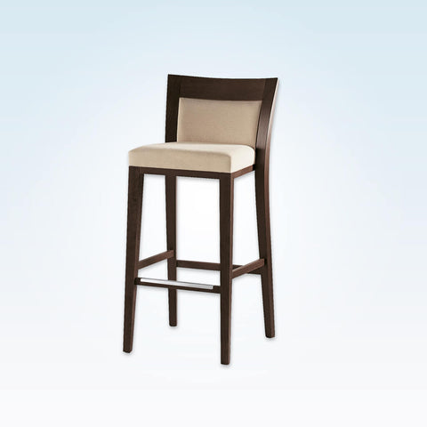 Logica square cream bar stool with show wood back and wooden frame with metal kick plate
