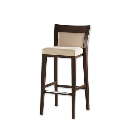 Logica square cream bar stool with show wood back and wooden frame with metal kick plate