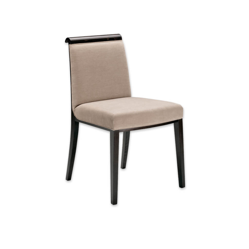 Lorenza Fabric Dining Chair Show Wood Scroll Top Grab Handle with Upholstery Seam Detail and Wenge Timber Legs - Designers Image