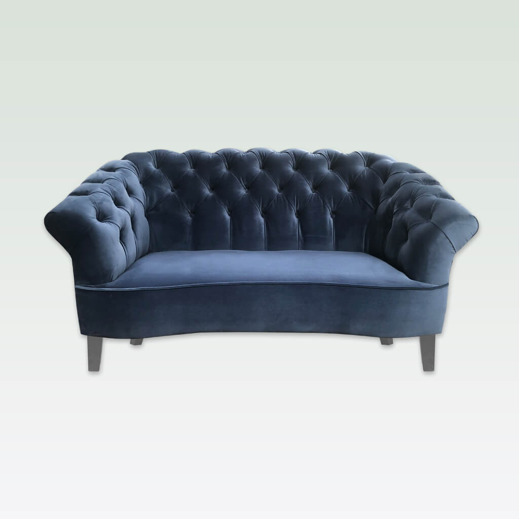 merida dark blue fabric sofa with deep buttoning to back with dove grey tapered feet 