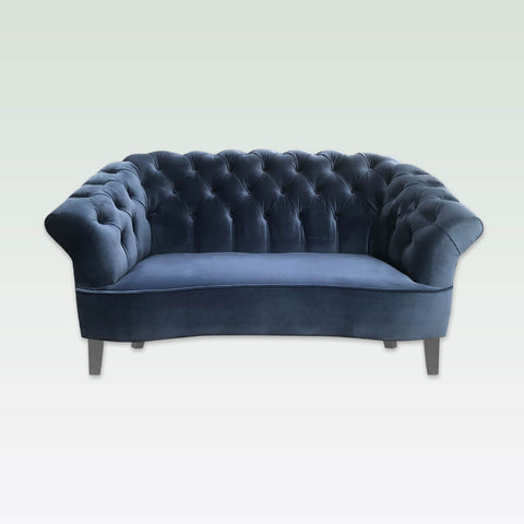 merida dark blue fabric sofa with deep buttoning to back with dove grey tapered feet 