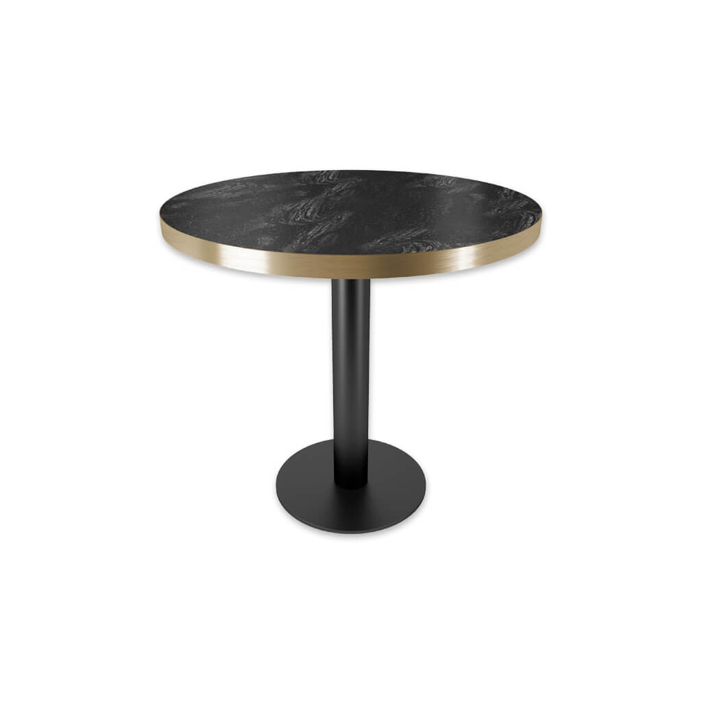 Luisa round bar table with pedestal base and marble effect top with metal trim - Designers Image