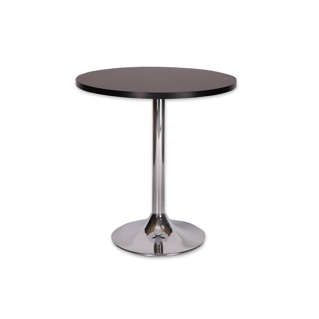 Lyka round silver dining table with metal pedestal base and round wood top - Designers Image