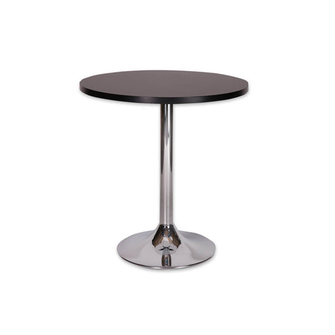 Lyka round silver dining table with metal pedestal base and round wood top