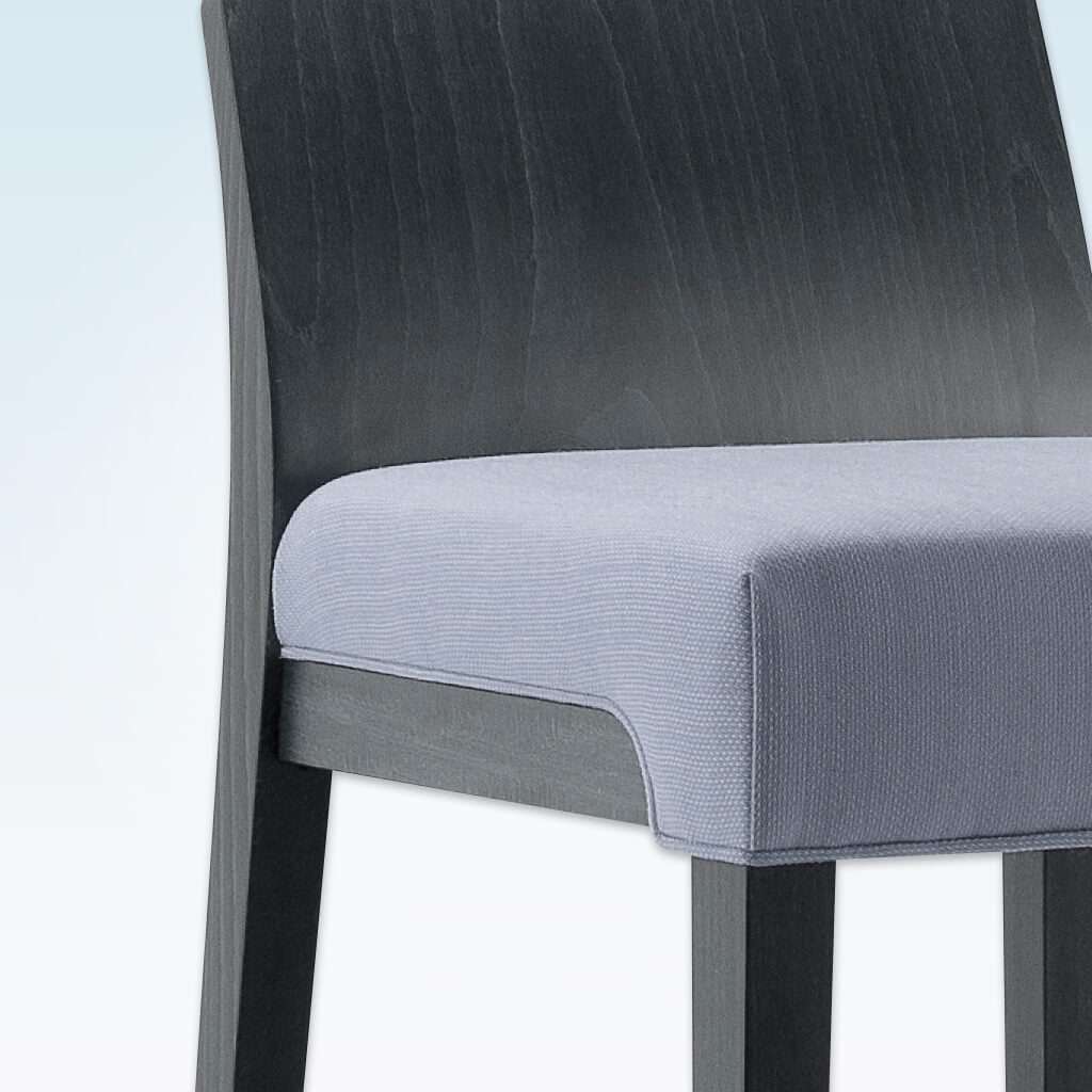 Madison blue bar stool with square seat and show wood back  - Detail View