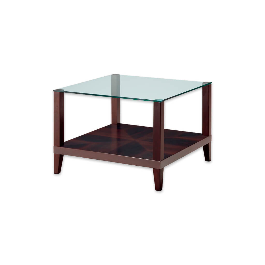 Magra square glass top bar table with wooden frame and shelf - Designers Image