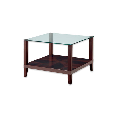 Magra square glass top bar table with wooden frame and shelf 