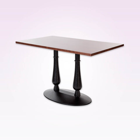 Masa detailed double pedestal black and brown dining table with oval base and square wooden top