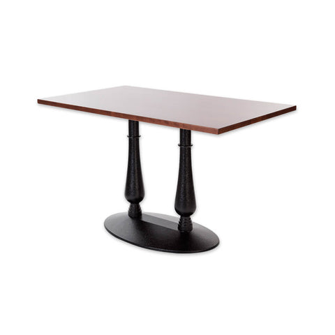 Masa detailed double pedestal black and brown dining table with oval base and square wooden top