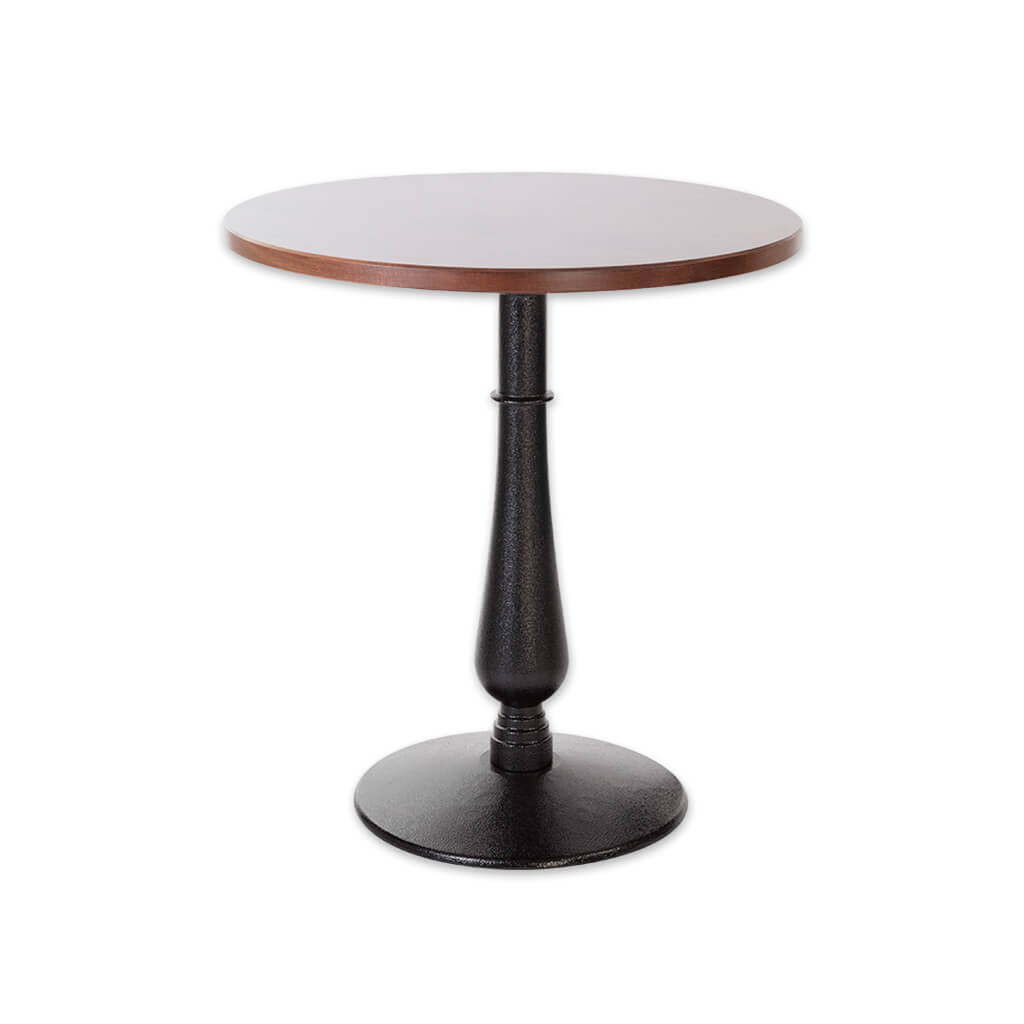 Masa detailed single pedestal black and brown dining table with round base and round wooden top - Designers Image