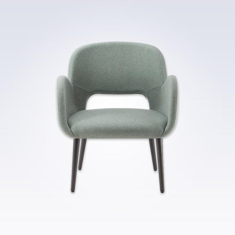 Mateo Grey Fabric Tub Chair Cutout Back Detail Sweeping Armrests and Dark Timber Legs