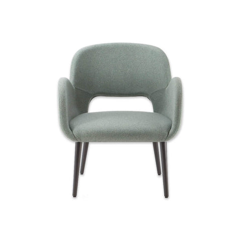 Mateo Grey Fabric Tub Chair Cutout Back Detail Sweeping Armrests and Dark Timber Legs