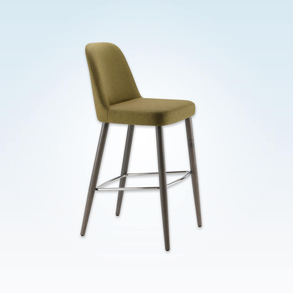 Matisse sage green bar stool with high backrest and conical wooden legs with metal kick plate