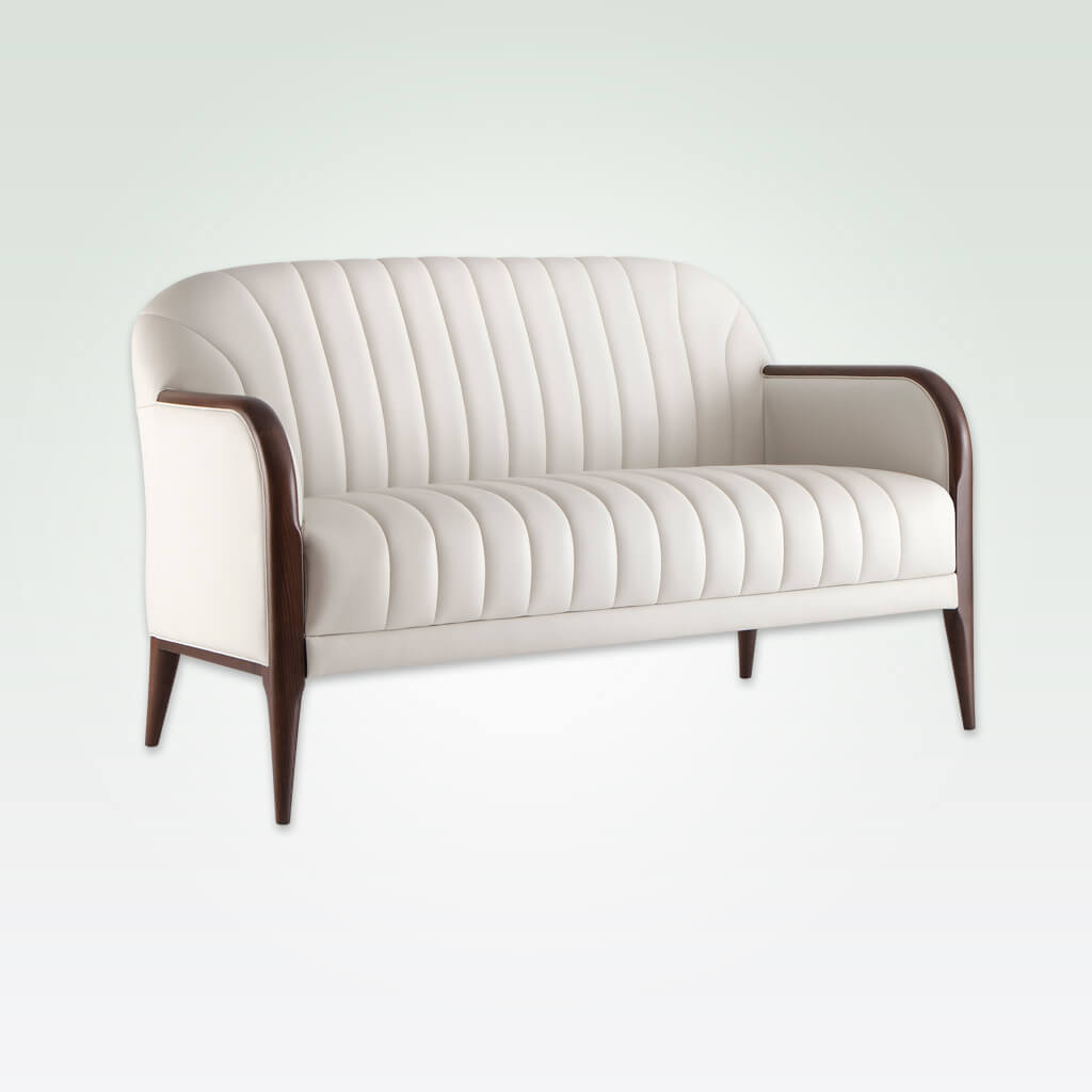 Miami modern white sofa with decorative deep stitching and show wood to the arm rests 