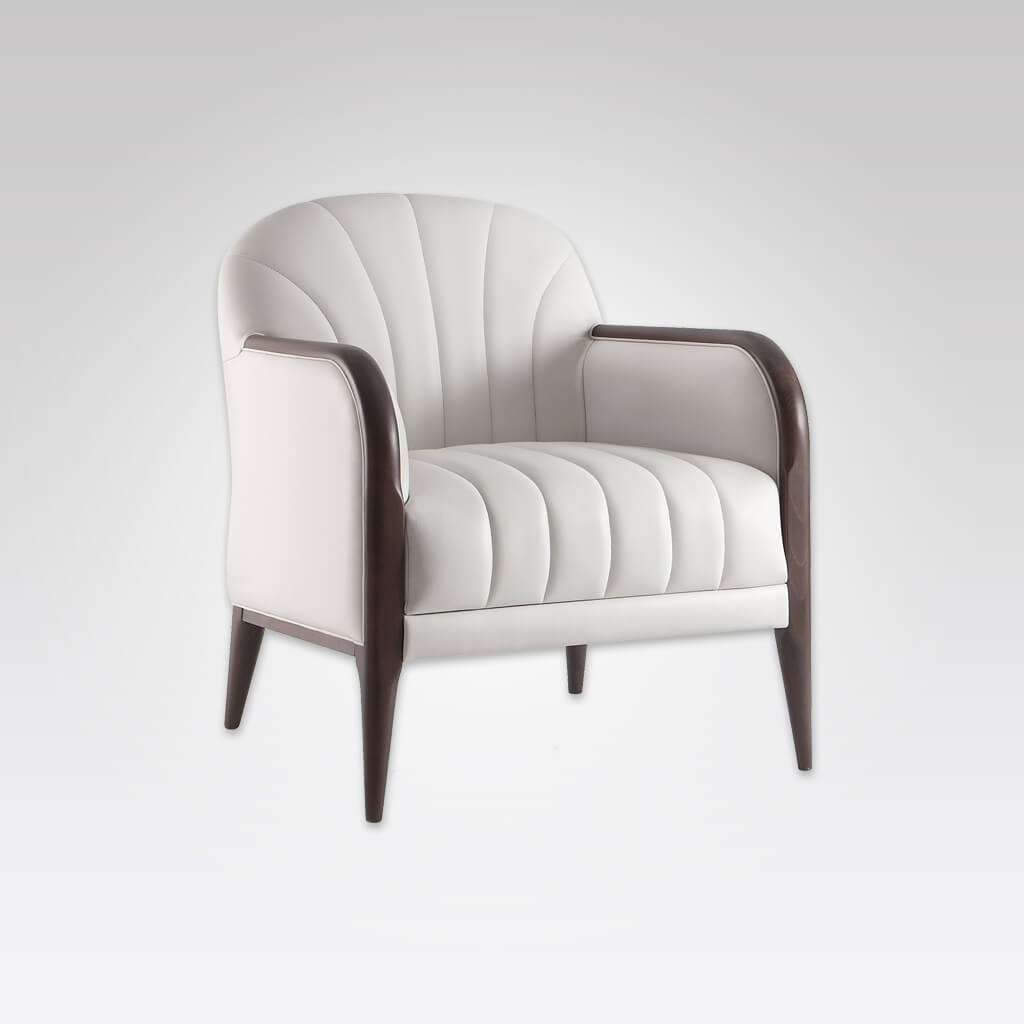 Miami White Leather Armchair with Show Wood Arms Tapered Timber Legs and Upholstery Fluting