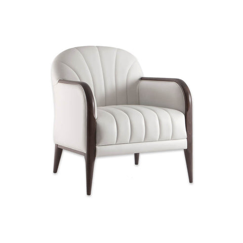 Miami White Leather Armchair with Show Wood Arms Tapered Timber Legs and Upholstery Fluting