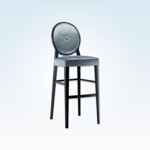 Monet silver velvet bar stools with round back and decorative button to the centre
