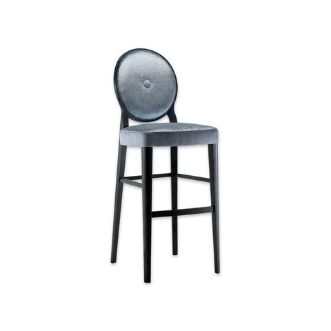Monet silver velvet bar stools with round back and decorative button to the centre