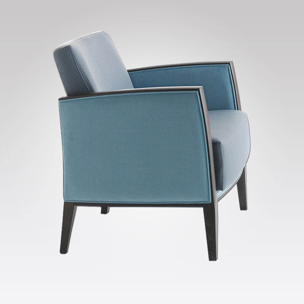 Newport blue Lounge Chair with Deep Cushioned Seat Pad and Show Wood Detailing
