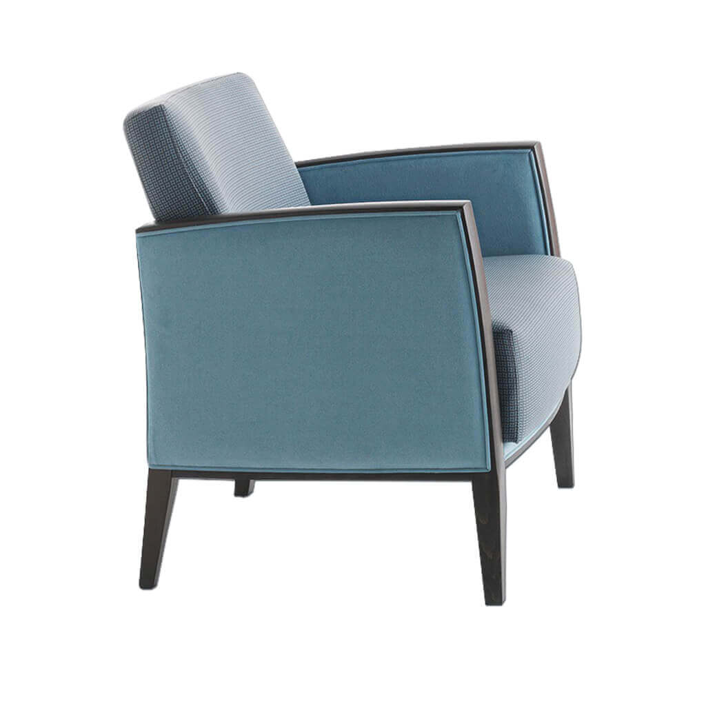 Newport blue Lounge Chair with Deep Cushioned Seat Pad and Show Wood Detailing - Designers Image