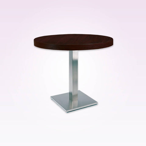 New york circular bar table with round metal base plate and wooden pedestal