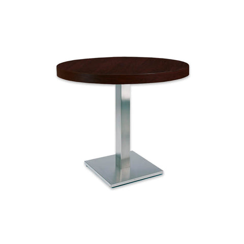 New york circular bar table with round metal base plate and wooden pedestal