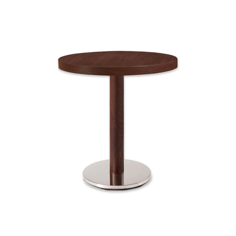 New york wood and metal dining table with round metal base plate and round wooden column