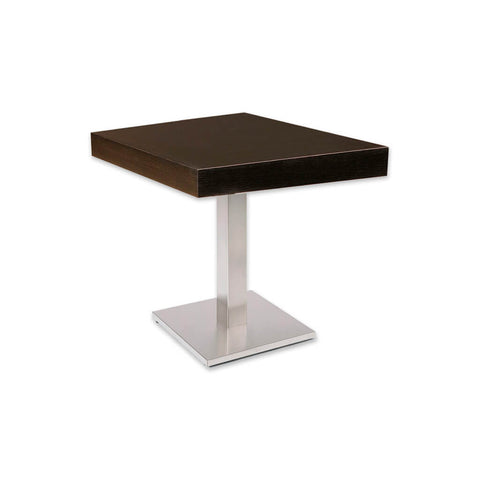 New york dark brown square dining table with square metal pedestal and wooden top