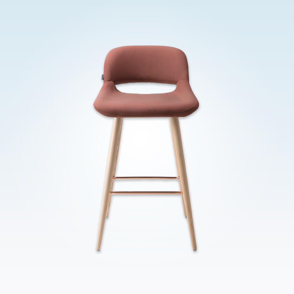 Ola pink bar stool with oversized seat, curved back and wide tapered conical legs with copper kick plate - Front View