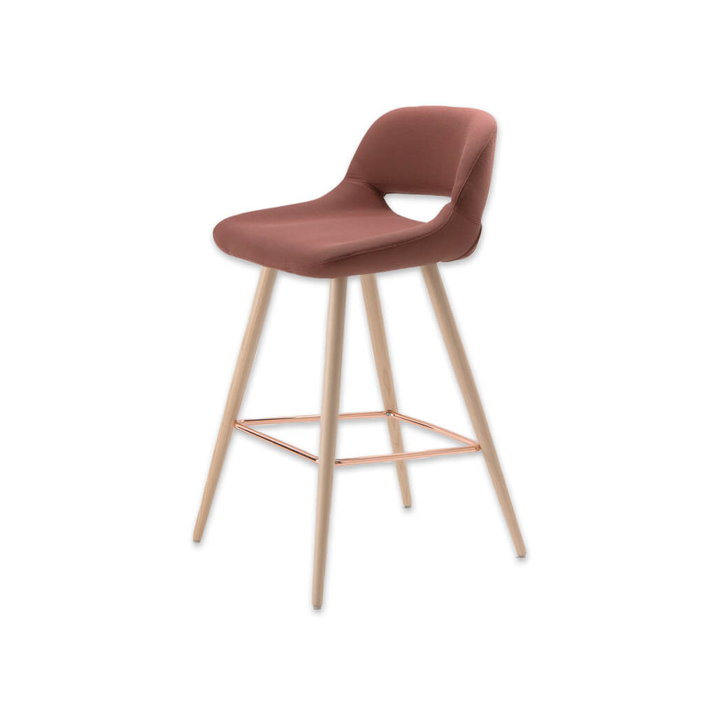 Ola pink bar stool with oversized seat, curved back and wide tapered conical legs with copper kick plate - Designers Image