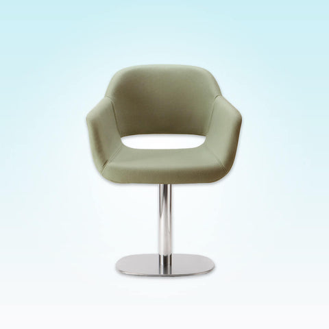 Ola Upholstered Light Green Desk Chair with Padded Seat and Armrests with Round Metal Pedestal Base and Cut Out Detail in Backrest 