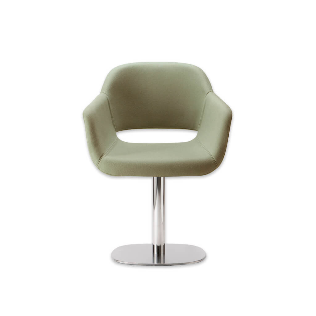 Ola Upholstered Light Green Desk Chair with Padded Seat and Armrests with Round Metal Pedestal Base and Cut Out Detail in Backrest  - Designers Image
