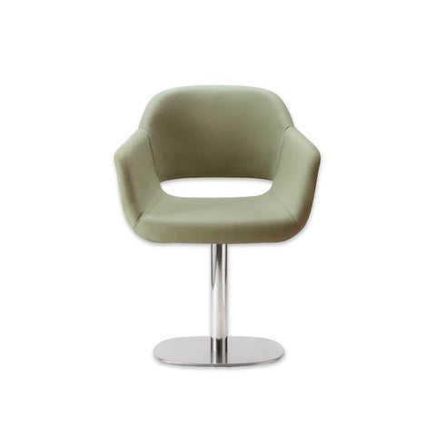 Ola Upholstered Light Green Desk Chair with Padded Seat and Armrests with Round Metal Pedestal Base and Cut Out Detail in Backrest 