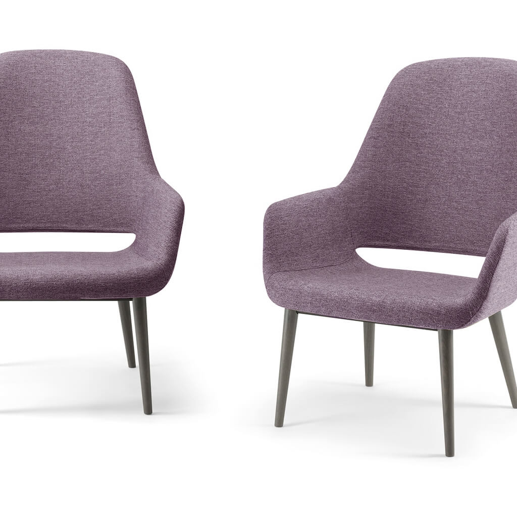 Ola Upholstered Purple Lounge Chair with Wooden Conical Legs and Open Back - In Situ