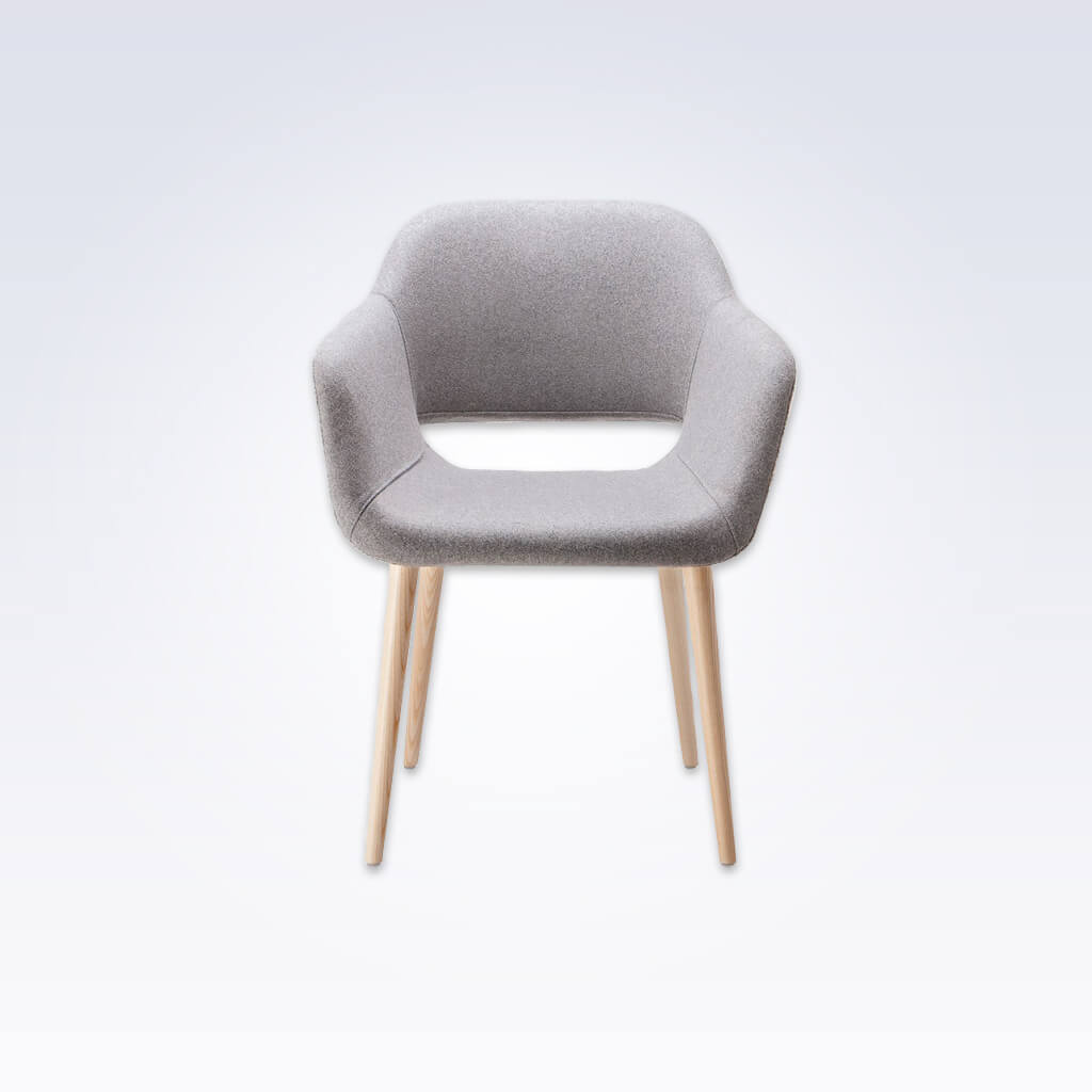 Ola Grey Fabric Tub Chair With Curved Cutout Detail Backrest and Splayed Timber Legs  - Front View