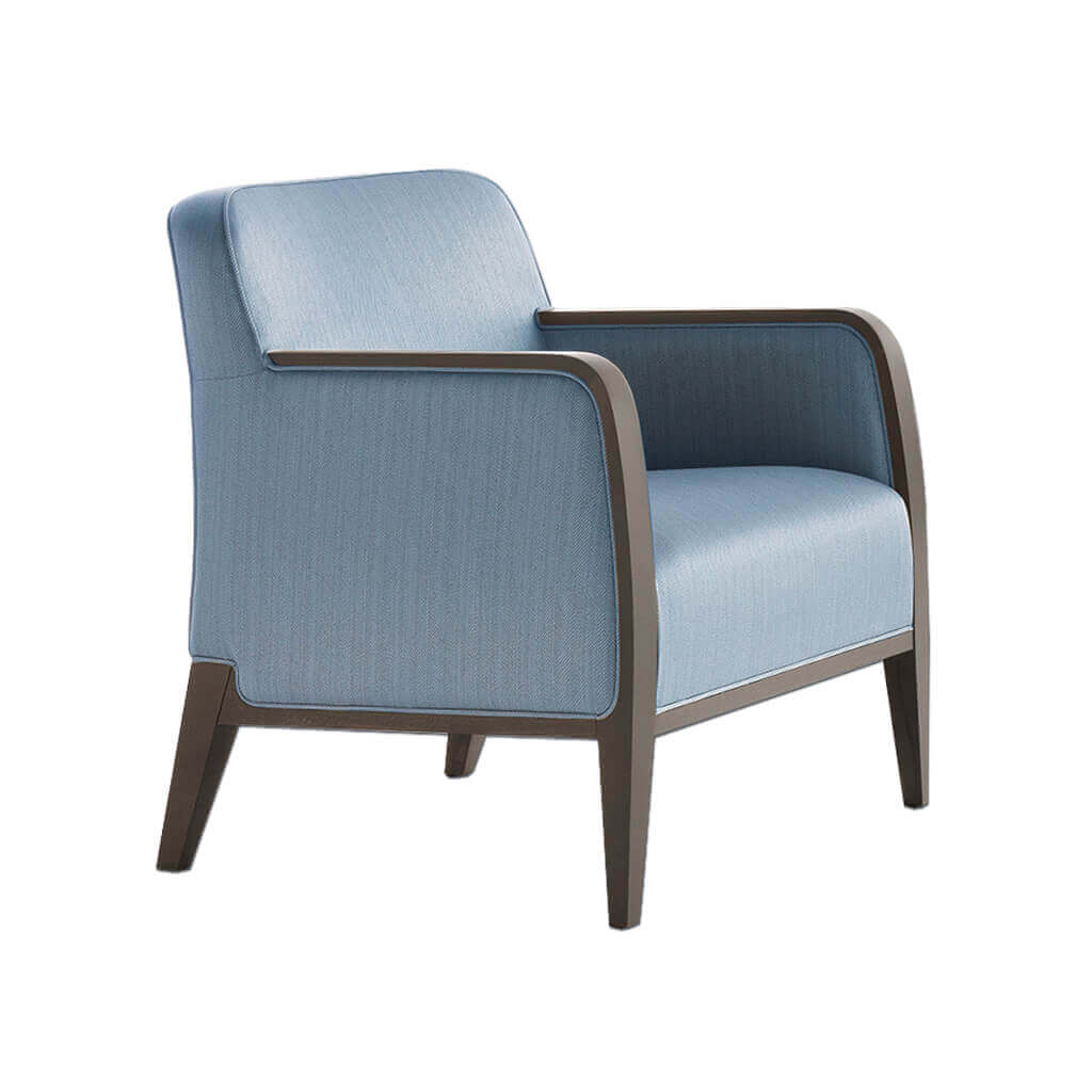 Opera Box Frame blue Lounge Chair with Show Wood Arm Detail and Rounded Edges - Designers Image