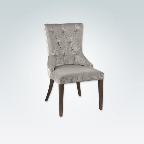 Ella Upholstered Silver Velvet Chair with Deep Button Upholstery and Tapered Timber Legs 