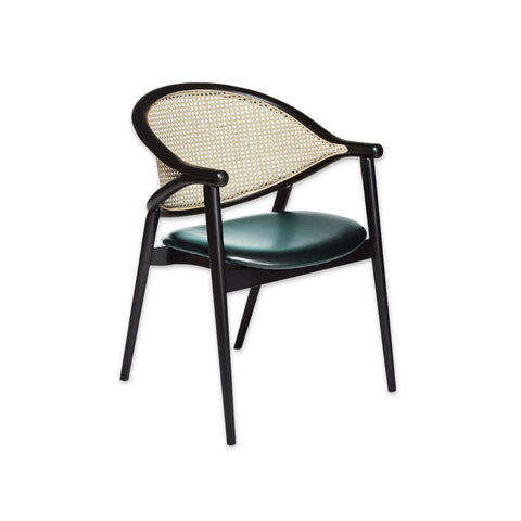 Black Wood Cane back tub chair with dark green seat pad