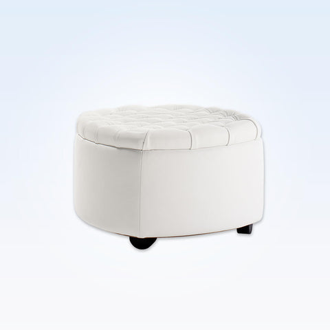 Rowan White circle ottoman with deep buttoning to the top and rounded feet 