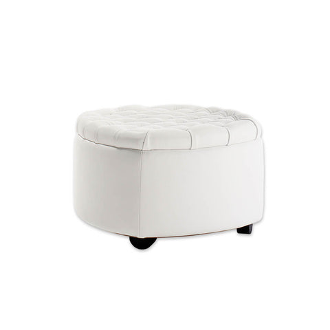 Rowan White circle ottoman with deep buttoning to the top and rounded feet 