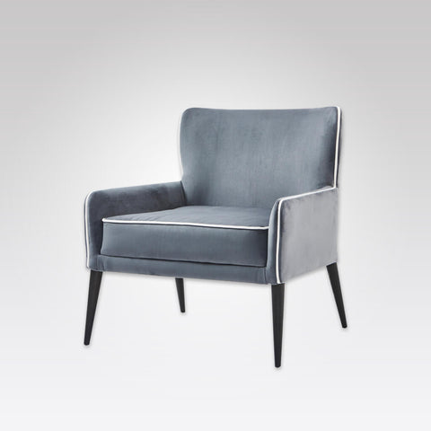 Samara Upholstered Blue Lounge Chair with Show Wood Legs and Piping Detail